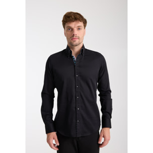 Camicia Uomo 2 Bottoni Button Down Slim Satin Unito Nero