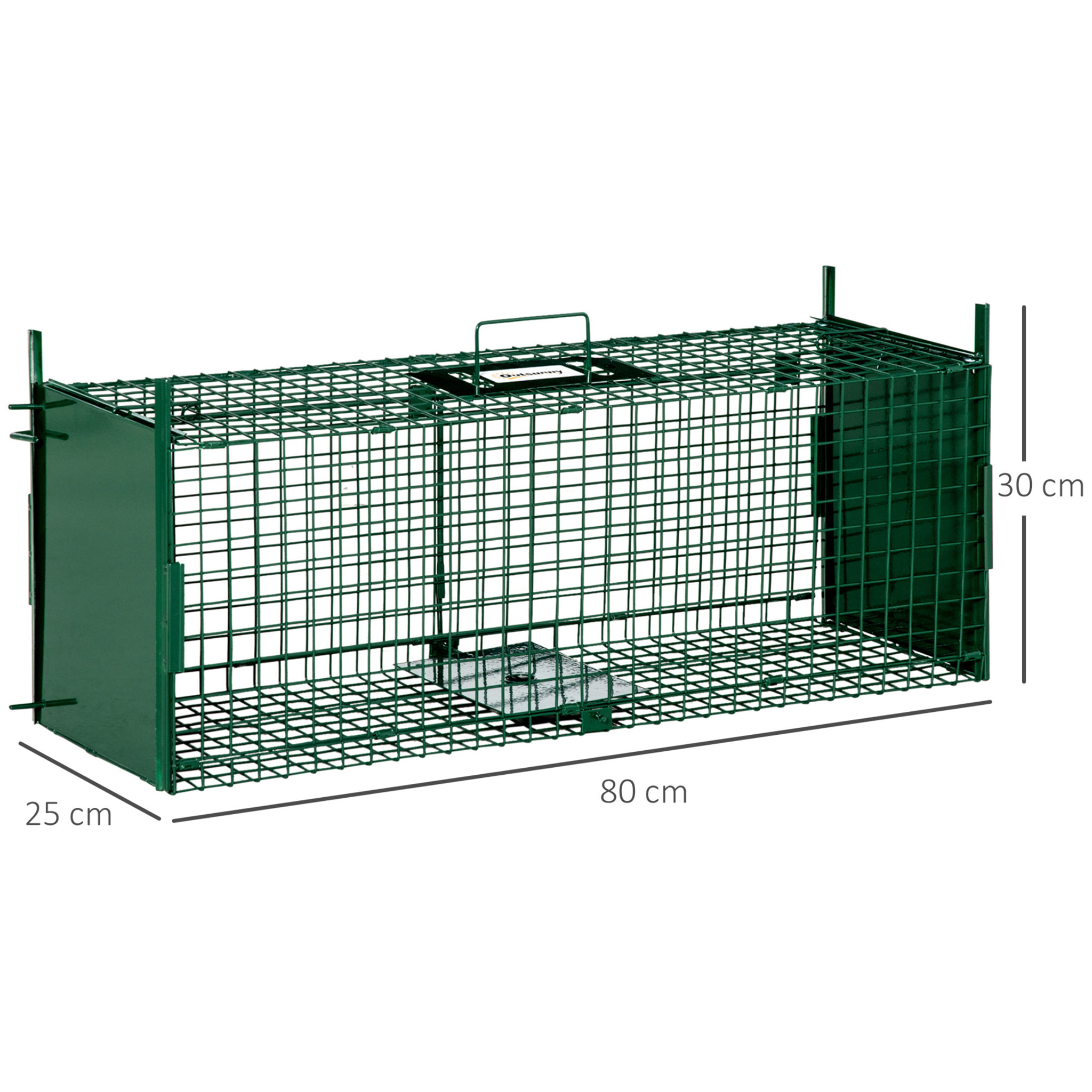 Piège de capture pour petits animaux type lapin rat - 2 entrées + poignée - dim. 80L x 25l x 30H cm - métal vert