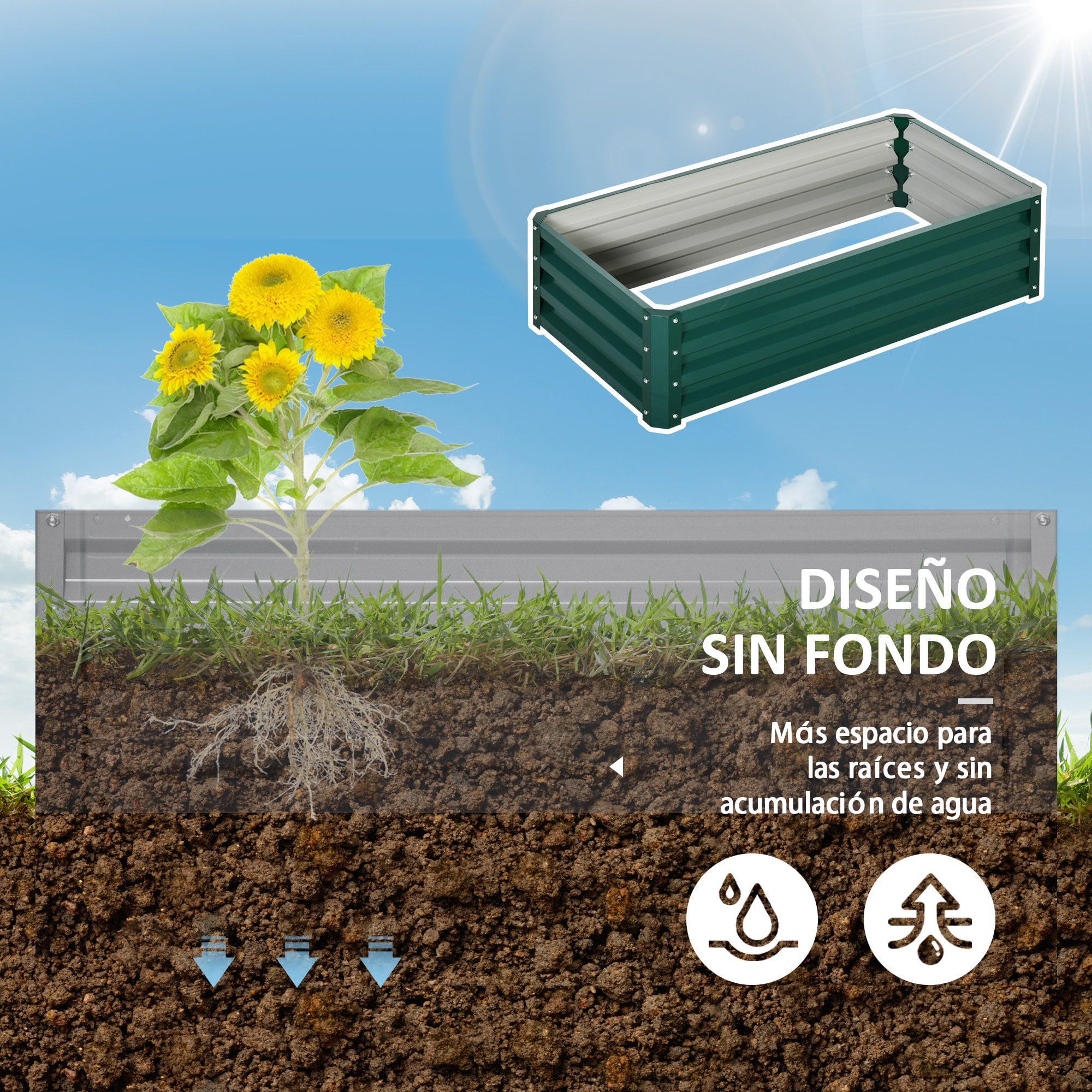 Jardinera Elevada de Acero Galvanizado Huerto Urbano para Cultivar Plantas Flores Hierba Macetero Exterior Rectangular con Fondo Abierto 120x60x30,5 cm Verde