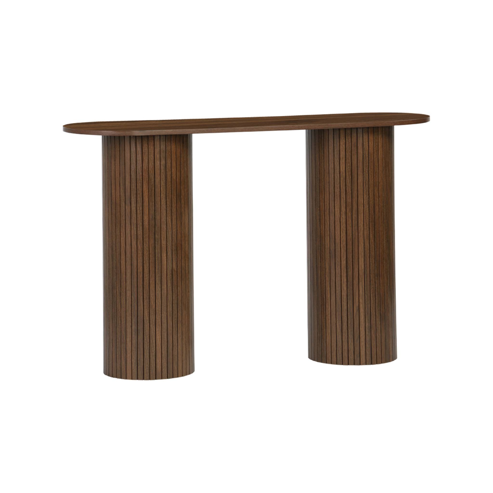 Console ovale scandinave décor bois rainuré. pieds ronds. couleur noyer. L 120 x P 35 x H 75cm