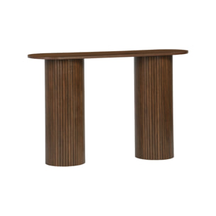 Console ovale scandinave décor bois rainuré. pieds ronds. couleur noyer. L 120 x P 35 x H 75cm