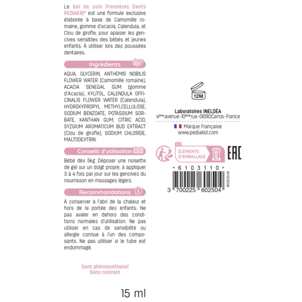 PEDIAKID - Gel de Soin Premières Dents - Gel gingival naturel - Effet apaisant & protecteur en cas de poussées dentaires - Sans parabènes, ni triclosan, ni phtalates, ni BPA - Lot de 3