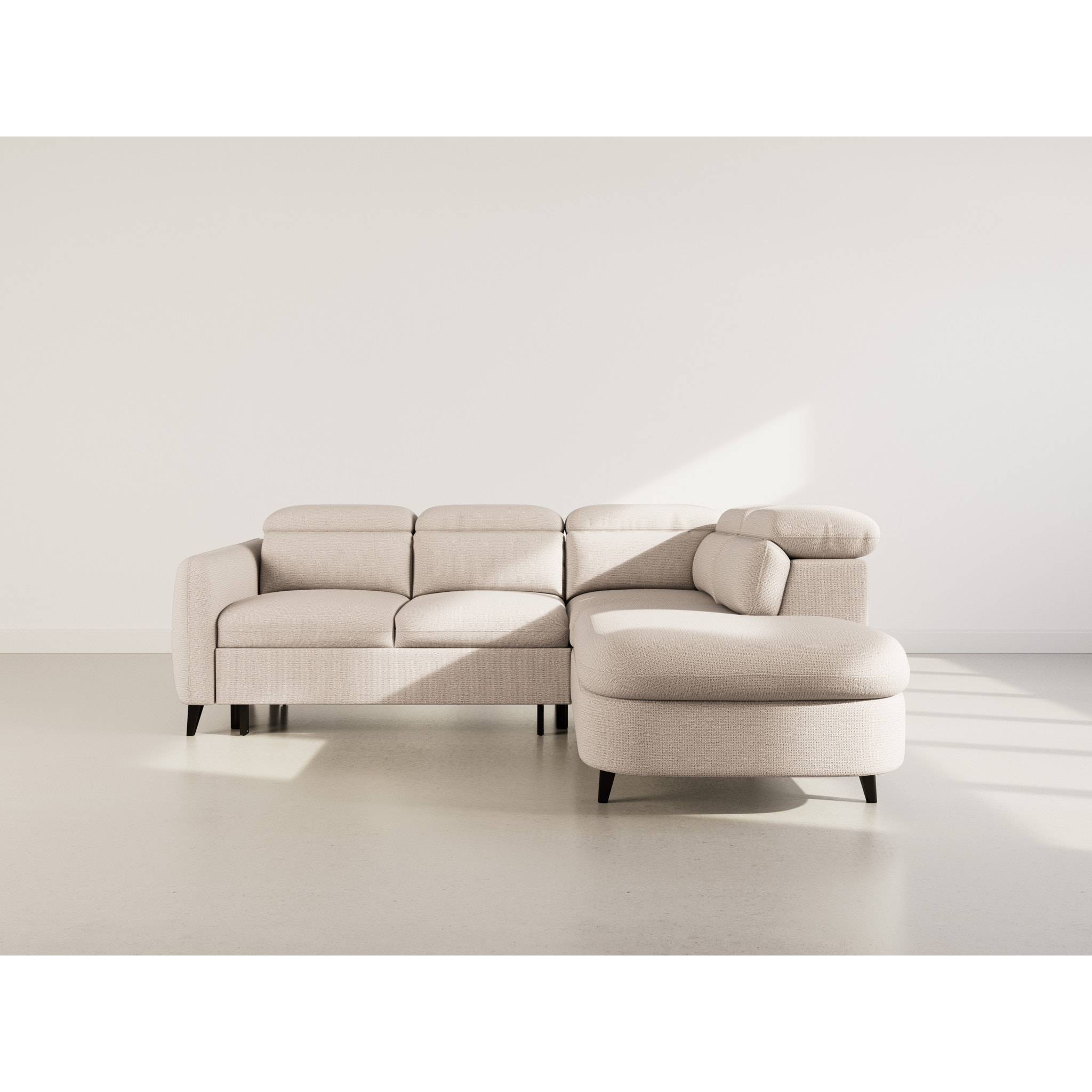 Opaline - Canapé d'angle droit 5 places convertible avec têtières et coffre en tissu texturé - Beige