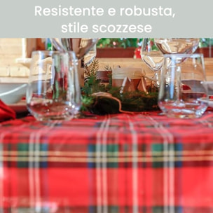 Runner natalizio rettangolare in cotone tartan con lurex, elegante decorazione per tavola delle feste, design scozzese raffinato e luminoso, resistente e pratico, facile da lavare, ideale per pranzi e cene natalizie, Made in Italy