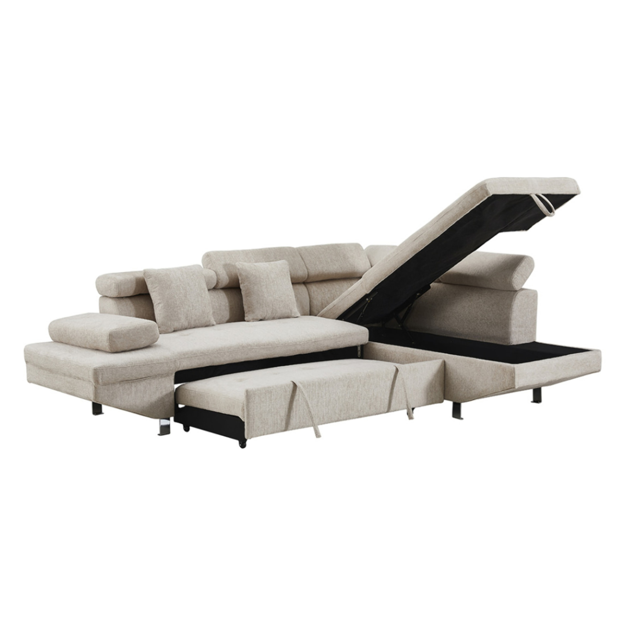 Margaux - Canapé d'angle droit 5 places convertible avec coffre et têtières réglables en velours texturé - Beige