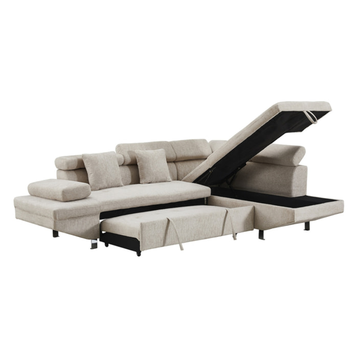 Margaux - Canapé d'angle droit 5 places convertible avec coffre et têtières réglables en velours texturé - Beige