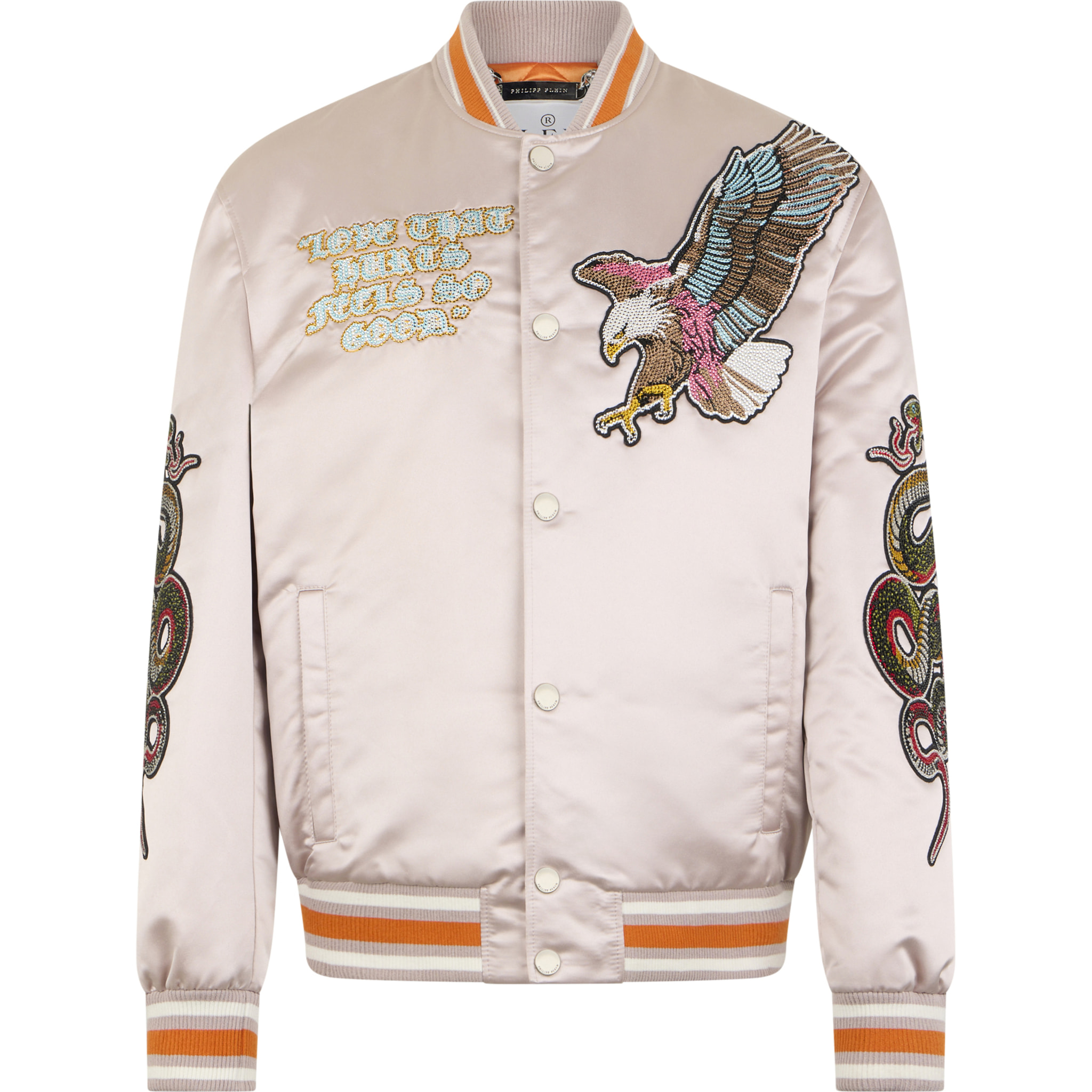 PHILIPP PLEIN Shiny Satin Bomber Tattoo Patches Strass
