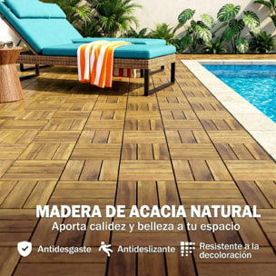 Set de 10 Piezas Baldosas de Exterior de Madera de Acacia, 31x31 cm, 0,91 m², Suelo de Terraza Exterior, Antideslizantes y Resistentes al Clima, Fácil Instalación, para Terraza, Natural