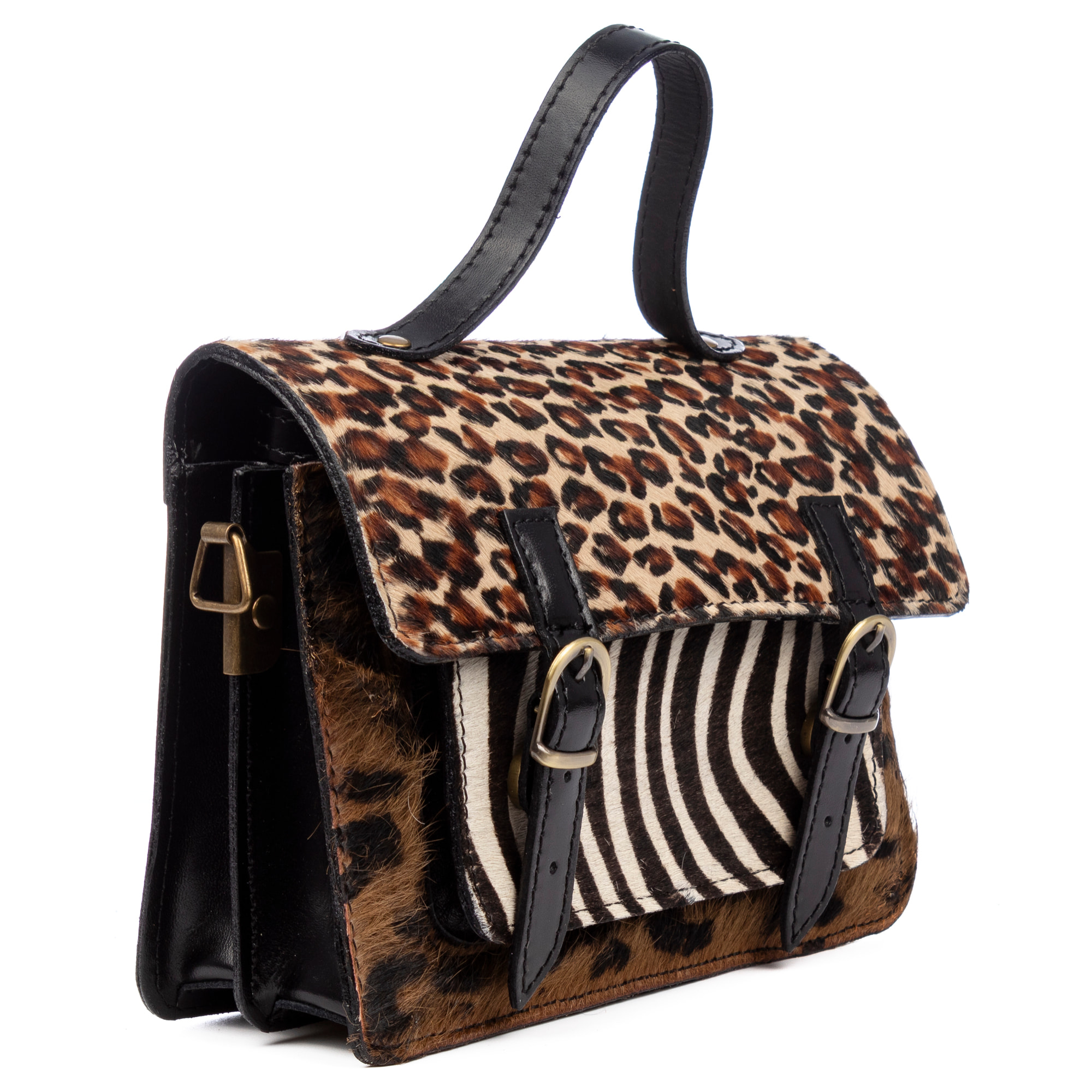 Assoro bolso Satchel con doble hebilla, piel auténtica Cavallino animal print.