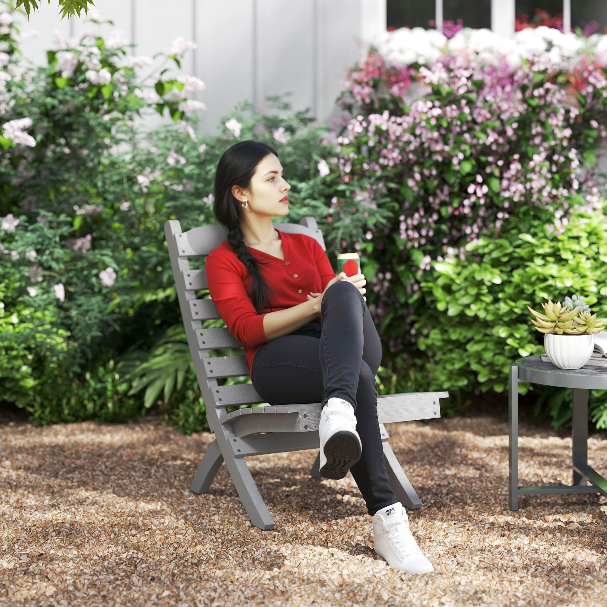 Silla de Jardín de Madera Silla de Exterior con Diseño Listones y Respaldo Inclinado Carga 120 kg para Balcón Patio Terraza 78x48x76 cm Gris