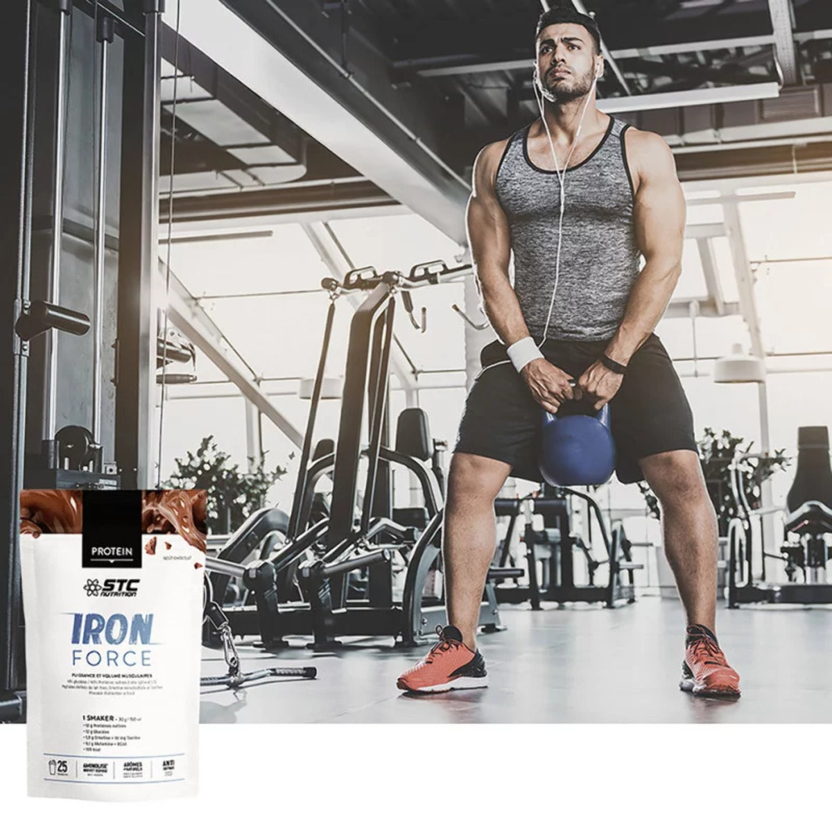 STC NUTRITION - Iron Force - Préparation en poudre pour boisson riche en Protéines, Créatine, Taurine - Puissance & Volume musculaires - 100% Digeste - Goût Chocolat - 25 shakers - Doypack 750g - Vanille