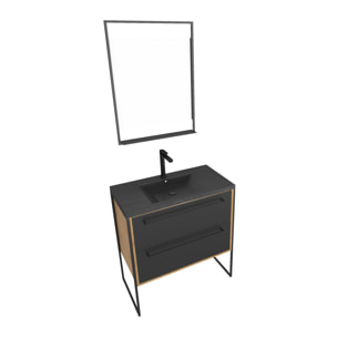 Meuble de salle de bain 80x50cm chene brun - 2 tiroirs - vasque resine noire effet pierre - miroir