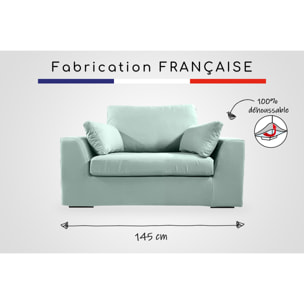 Fauteuil XL TRESSIN 145 cm fixe tissu coton Céladon - 100% déhoussable - Fab. France