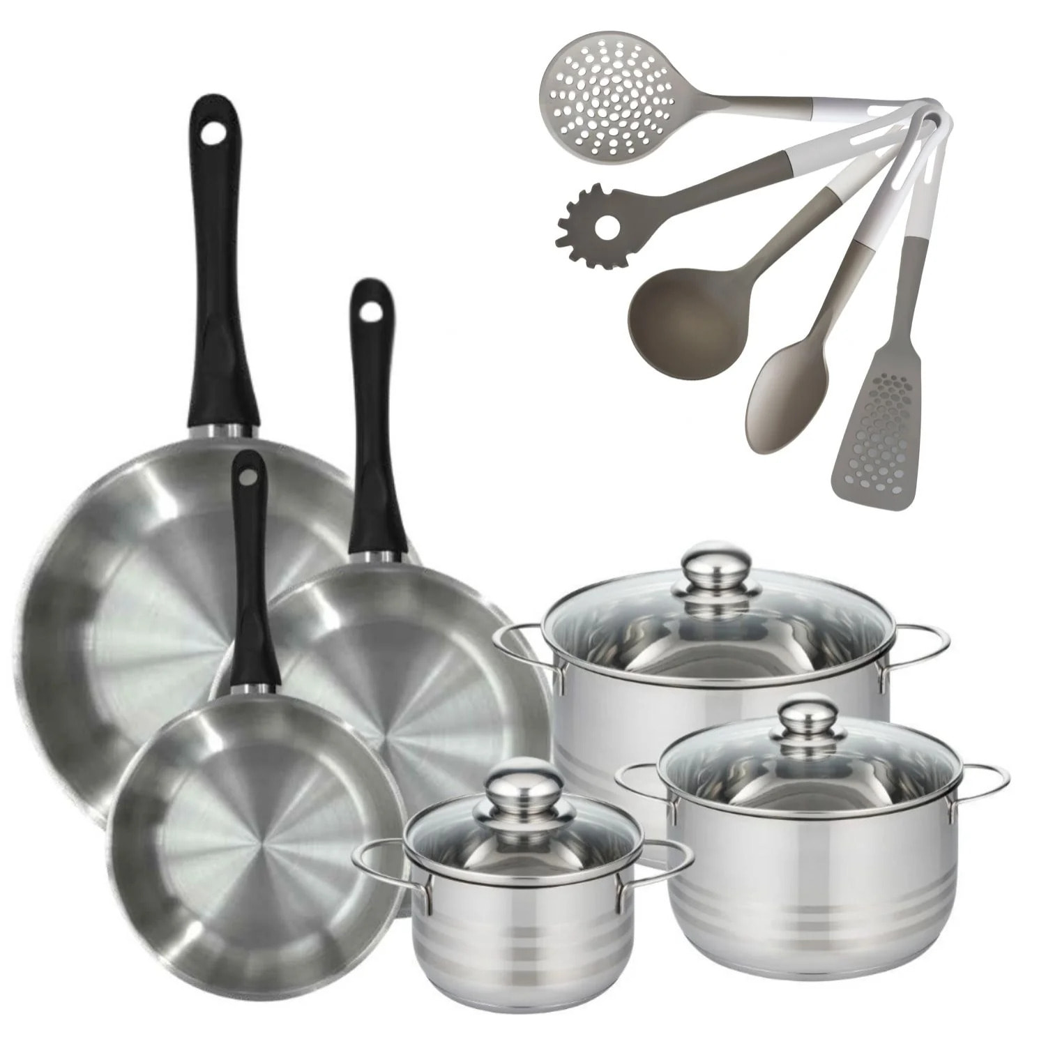 Lot 3 Poêles Inox 20/24/28cm  Fackelmann Geneva & 3 Faitouts 16/20/24cm avec 5 Ustensiles Fackelmann