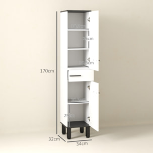 Columna de Baño Armario Alto de Baño con Cajón 2 Puertas y Estantes Ajustable Mueble Auxiliar de Baño Moderno Anti-vuelco 34x32x170 cm Blanco