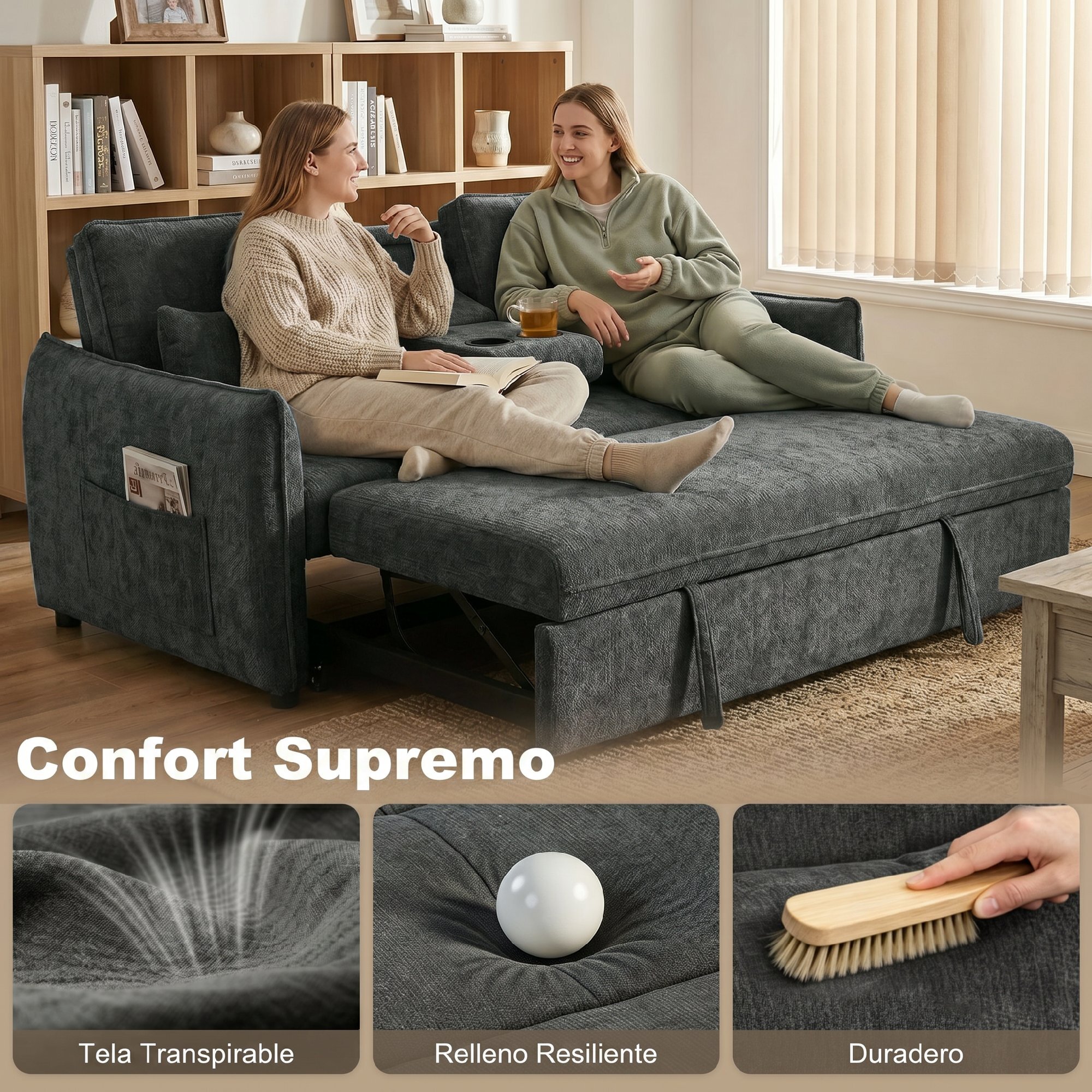 Sofá Cama 2 Plazas 3 en 1, Sofá Cama de Chenilla con Mesa Auxiliar, Portavasos, Respaldo Ajustable, Bolsillos Laterales, 2 Almohadas para Sala de Estar, Espacios Pequeños, Gris Oscuro