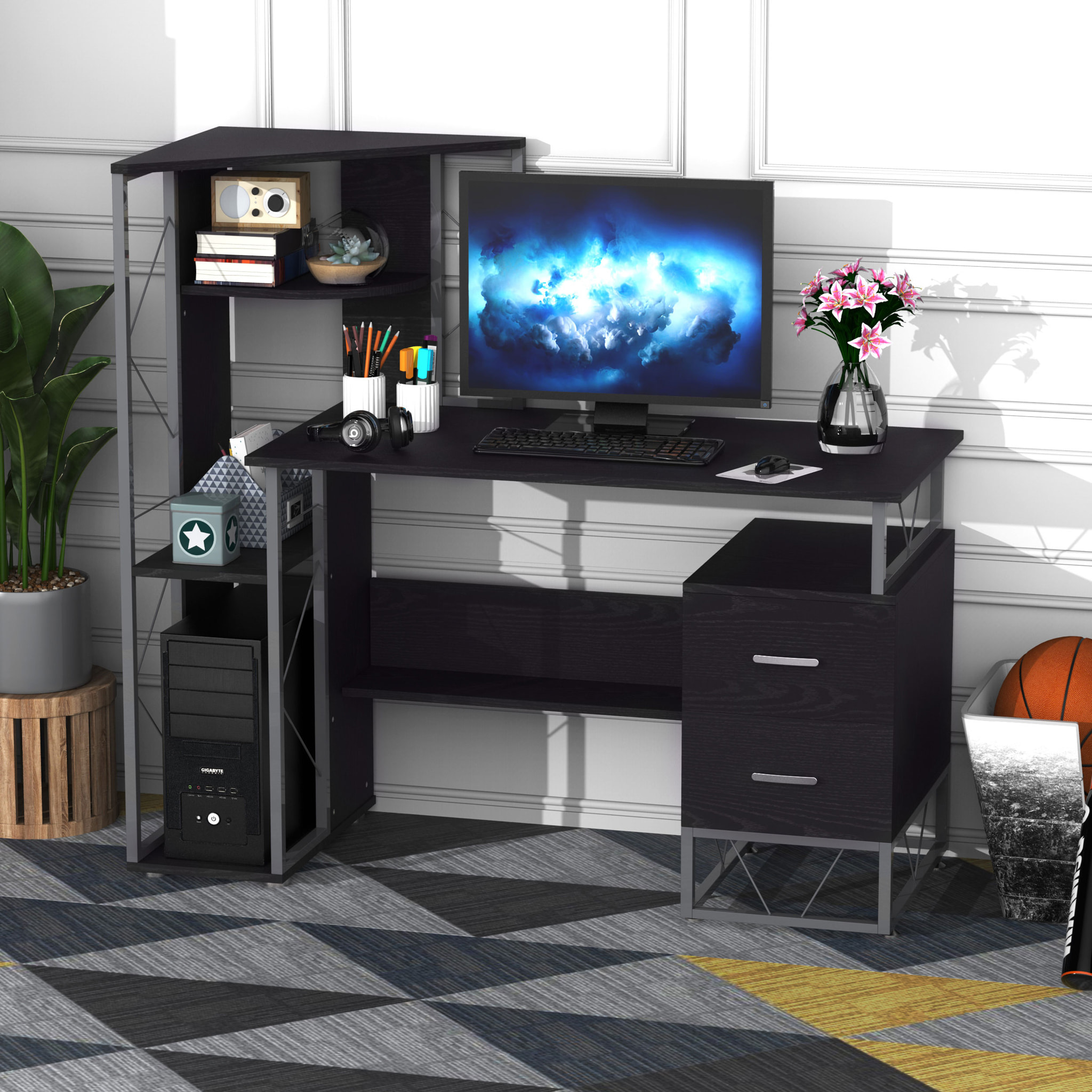 Bureau informatique design industriel multi-rangement noir