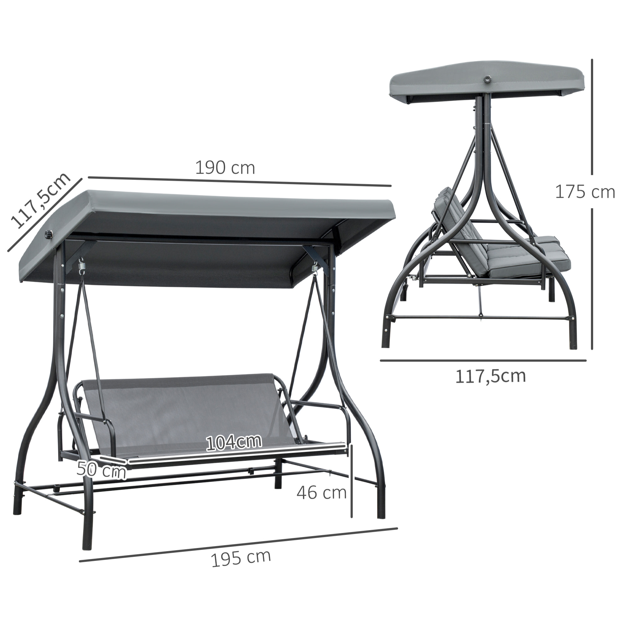 Balancelle de jardin 3 places convertible matelas fourni gris métal noir