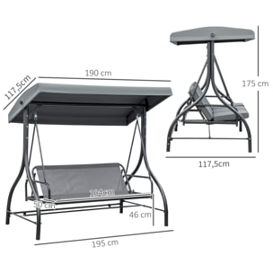 Balancelle de jardin 3 places convertible matelas fourni gris métal noir