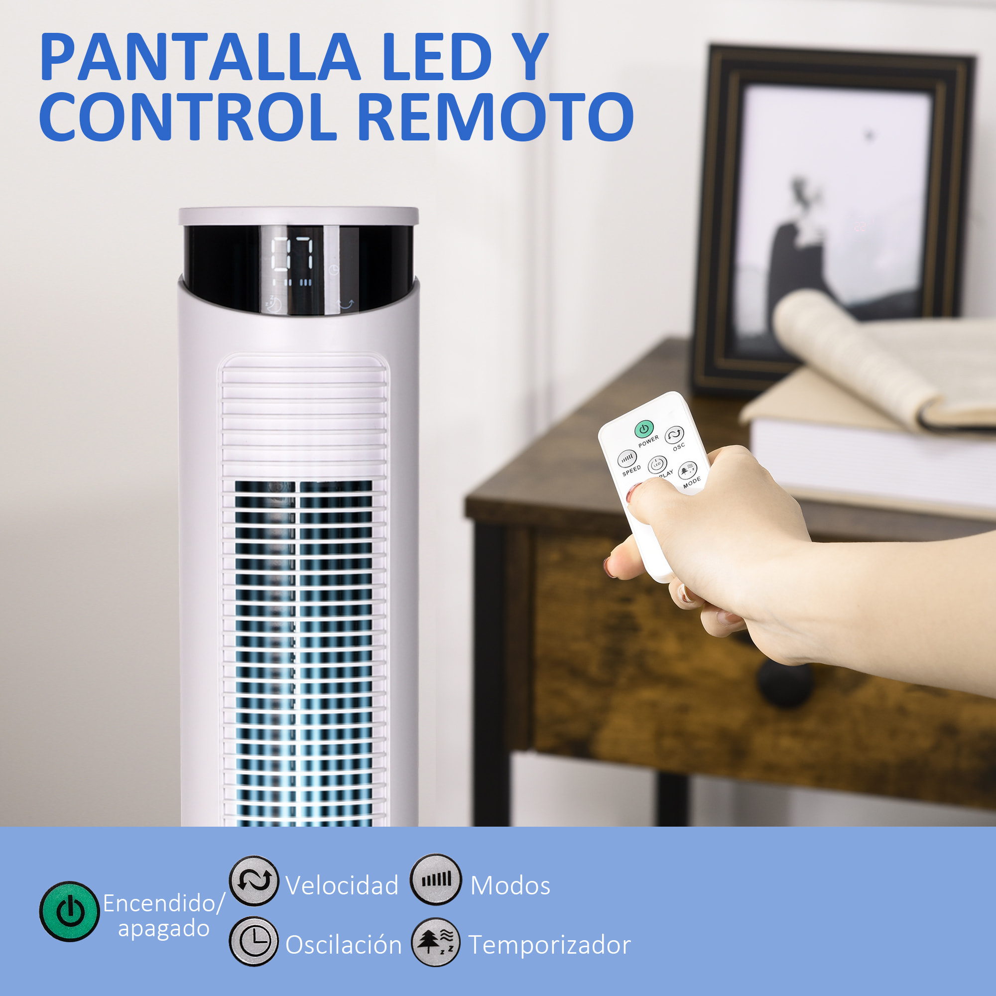 Ventilador de Torre Oscilante 45W con Control Remoto Temporizador de 12€¯h 3 Velocidades 3 Modos Pantalla LED y Asa de Transporte para Dormitorio Ø31,5x93 cm Blanco