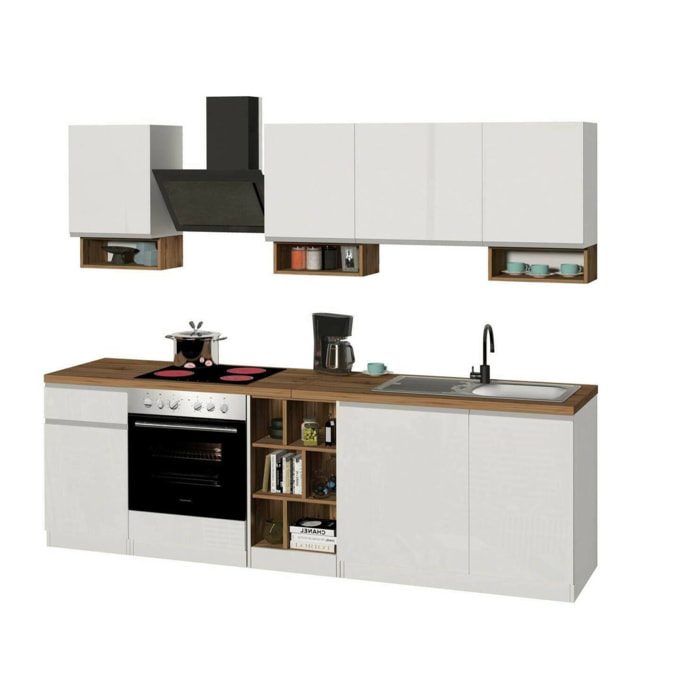 Cucina completa Attimis, Set con dispensa, Mobile per cucinotto, Kit blocco lineare, 100% Made in Italy, 255x60h85 cm, Bianco lucido e Rovere