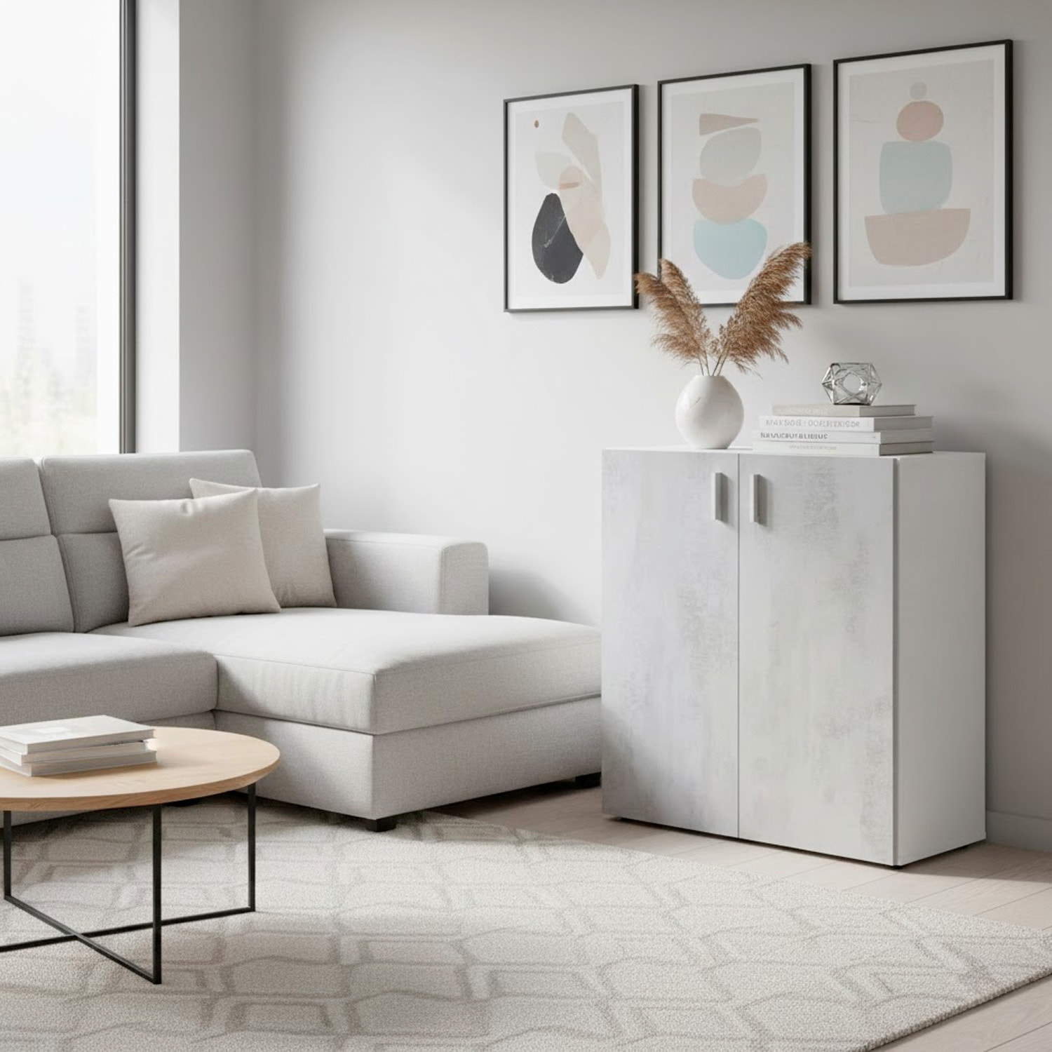 Armadietto Multiuso Armadio Basso A 2 Ante Mobile Salvaspazio Con Ripiani Regolabili Bagno Lavanderia Ripostiglio 80x37x92 Cm Bianco E Grigio Cemento