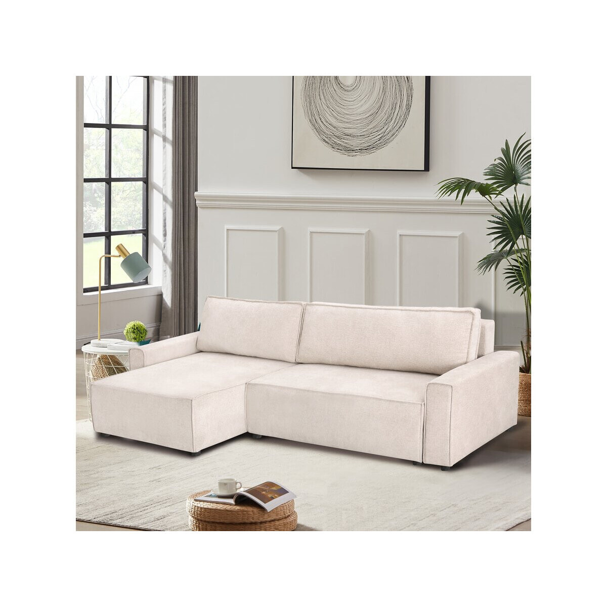 Canapé d'angle convertible en tissu texturé "Montaigne" - 4 places - Beige