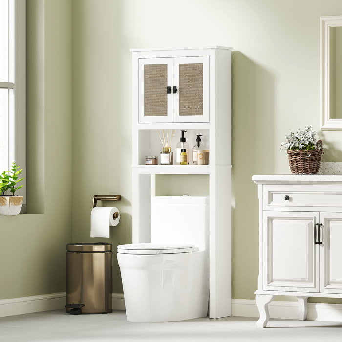 Mueble sobre Inodoro Estrecho Armario sobre Inodoro con 2 Puertas con Frontal de Ratán Compartimento y Estante Ajustable Mueble de Baño 60x19,5x160 cm Blanco