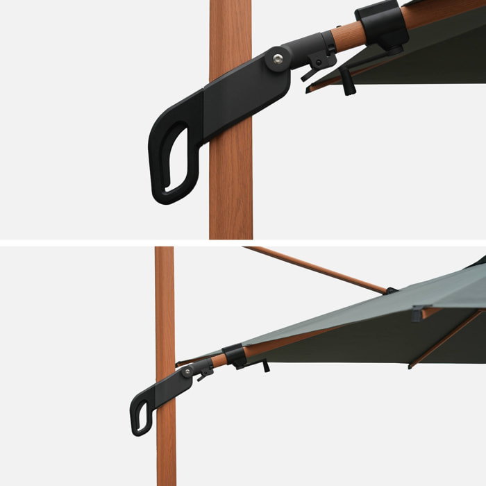 Parasol déporté ETRETAT carré kaki 3x3m. mât effet bois