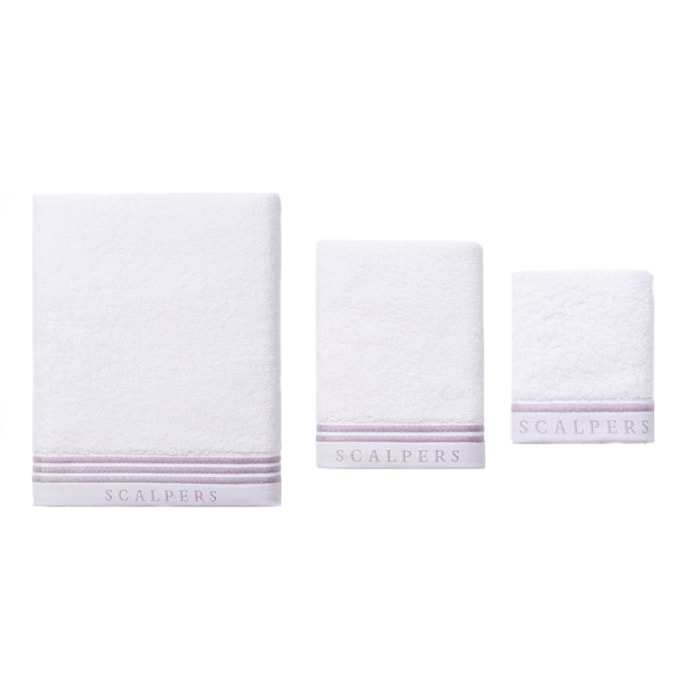 Juego de 3 toallas blancas (tocador 30x50cm, manos 50x100cm y baño 90x150cm) scalpers home