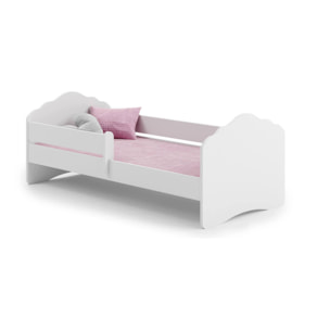 Letto singolo per bambini, Lettino per cameretta, Letto con protezione anticaduta e testiera a "nuvola", cm 144x78h58, colore Bianco