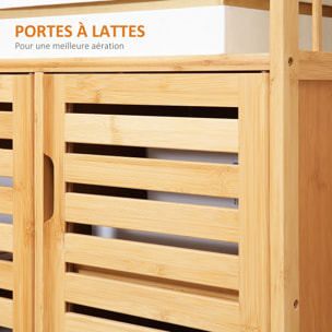 Buffet meuble de rangement bois bambou à lattes style naturel - 3 portes, 4 étagères