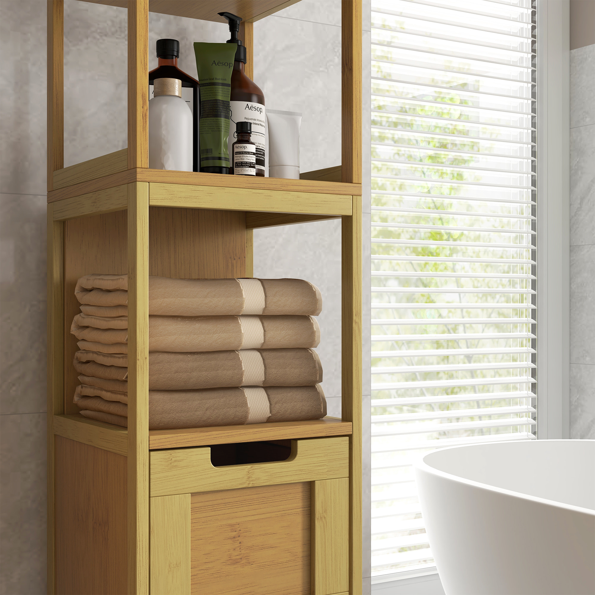 Armario de Baño Alto, Columna de Baño Estrecha con 3 Estantes y 2 Cajones de Bambú, Estilo Moderno, 30x30x144,3 cm, Natural