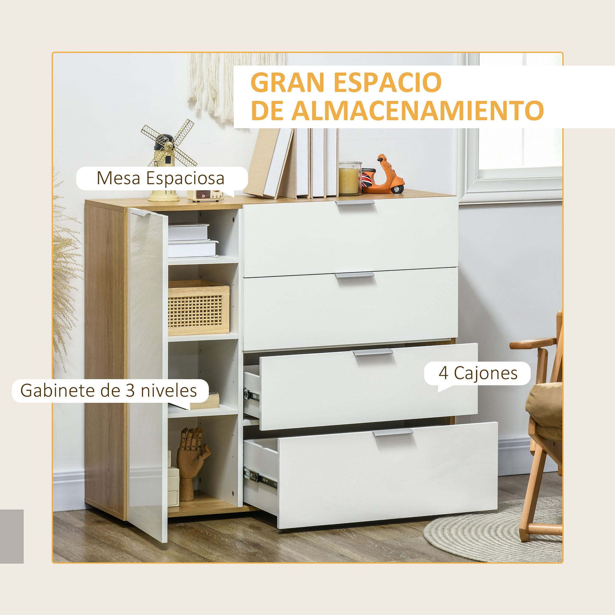 Aparador de Salón Cajonera y Cómoda con 4 Cajones de de Alto Brillo Puerta y Estantes Ajustables para Comedor Dormitorio 105x35x92 cm Blanco y Natural