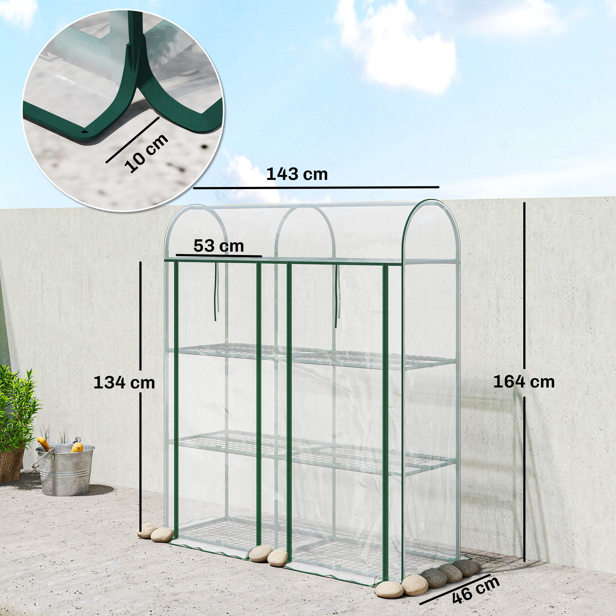 Invernadero Pequeño de 3 Niveles, Invernadero de Exterior con 2 Puertas Enrollables, Marco de Acero y Cubierta de Plástico Anti-UV para Cultivar Plantas, Flores, 143x46x164 cm, Transparente