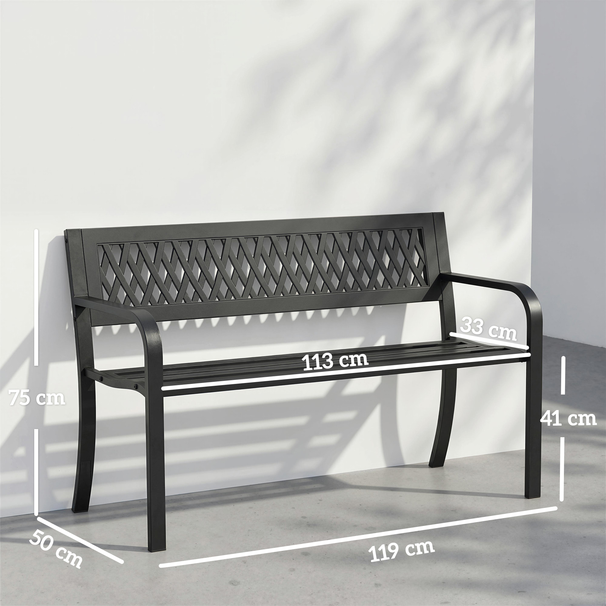 Banco de Jardín Exterior de 2 Plazas, Banco Exterior con Asiento Listonado, Reposabrazos y Marco de Acero, para Patio, Terraza, 119x50x75 cm, Negro