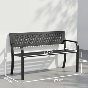 Banco de Jardín Exterior de 2 Plazas, Banco Exterior con Asiento Listonado, Reposabrazos y Marco de Acero, para Patio, Terraza, 119x50x75 cm, Negro