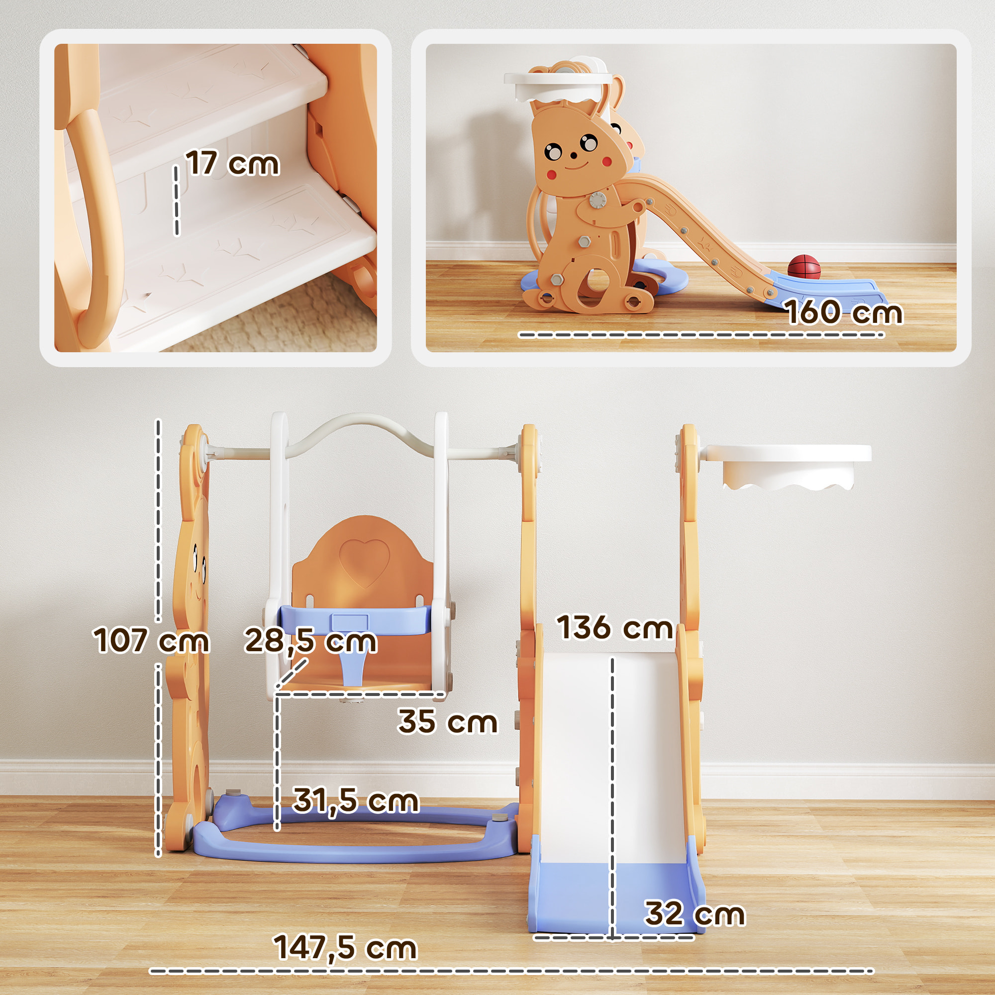 Tobogán Infantil 4 en 1 Columpio y Tobogán Trepador Aro de Baloncesto Temática de Conejo Parque Infantil para Interior y Exterior Naranja