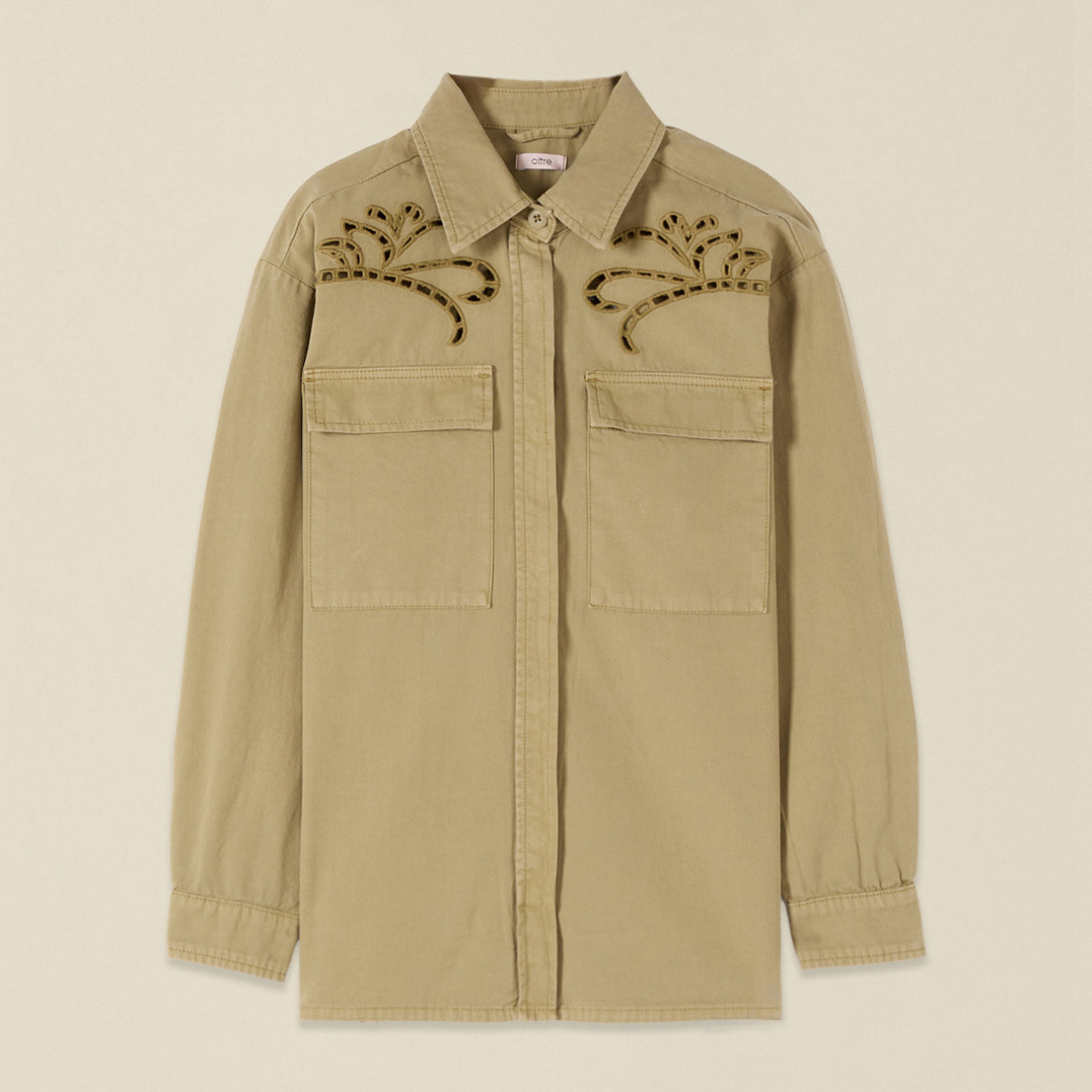 Oltre - Camisa de algodón con bordados see-through - Verde militare