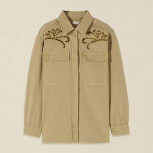 Oltre - Camisa de algodón con bordados see-through - Verde militare