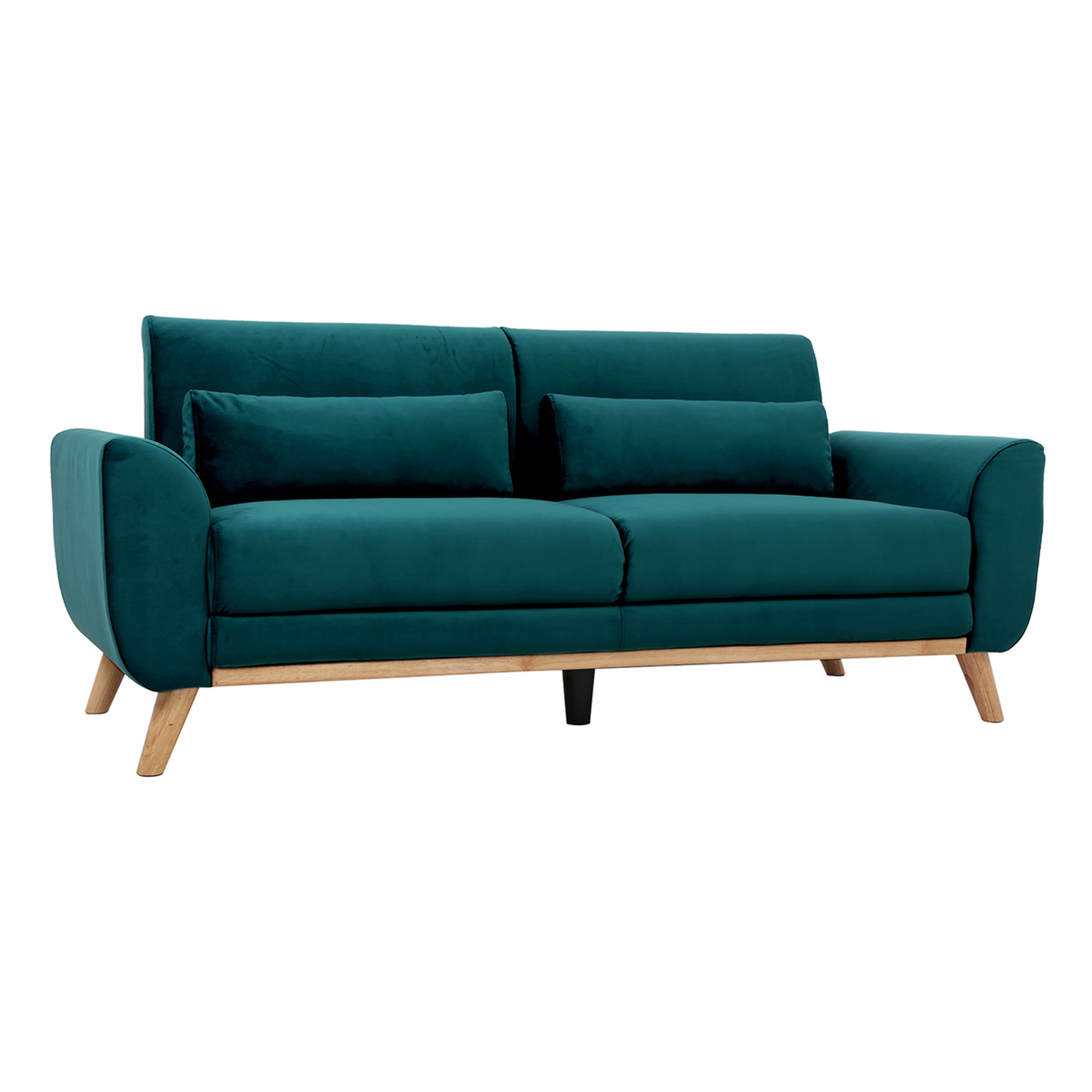 Canapé scandinave 3 places en tissu velours bleu pétrole et bois clair EKTOR