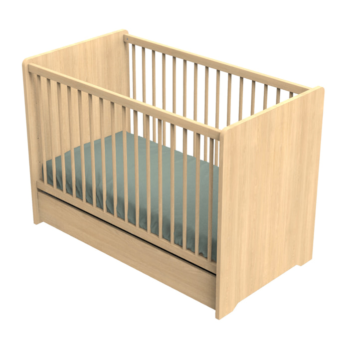 Lit bébé 120 x 60 avec têtes de lit arrondies en bois décor chêne miel