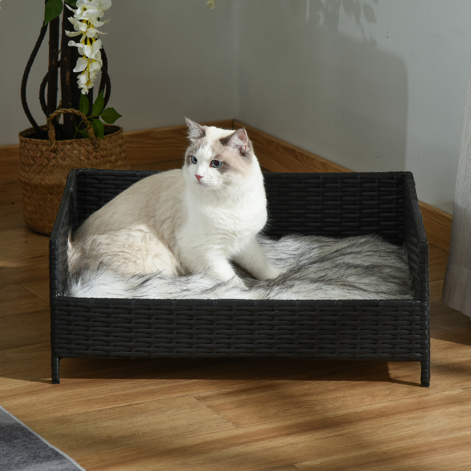 Sofá Cama para Perros de Ratán Cama Elevada Rectangular para Mascotas Gatos con Cojín Suave y Lavable para Hogar Interior 61x46x24,5 cm Negro