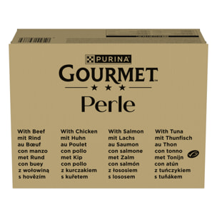 GOURMET PERLE Les Filettines en Sauce, Aliment humide pour chat adulte au Bœuf, au Poulet, au Saumon, au Thon, sachet de 85 g