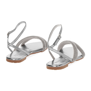 Sandali bassi donna argento in laminato con pietre