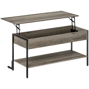 Table basse relevable style industriel - étagère - plateau relevable H.46-59 cm - métal noir effet bois gris