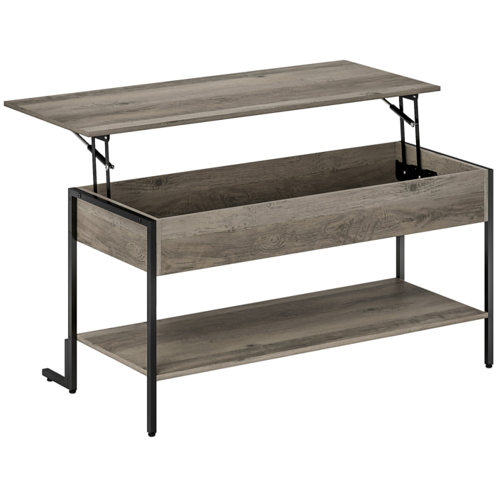 Table basse relevable style industriel - étagère - plateau relevable H.46-59 cm - métal noir effet bois gris