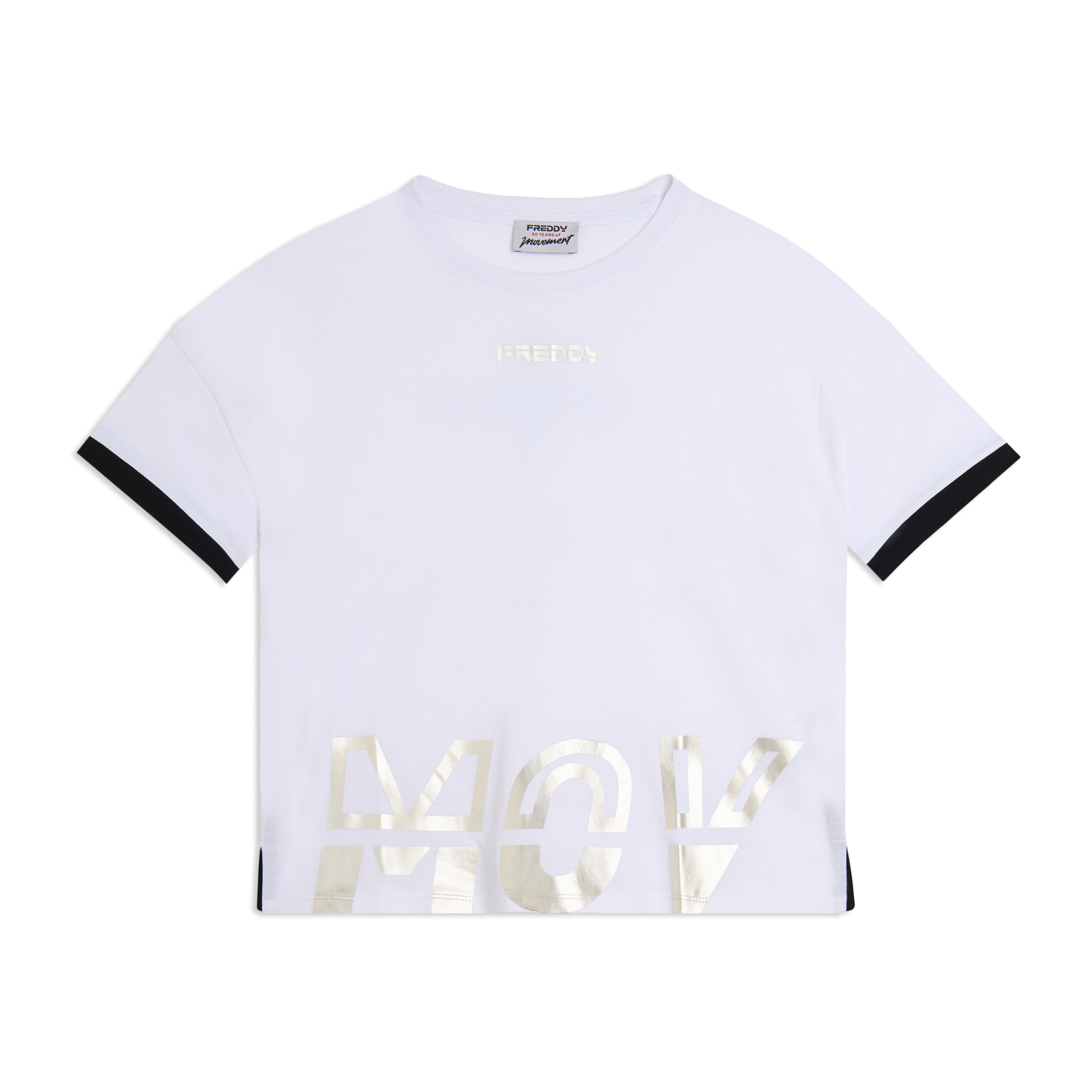 T-shirt con stampa MOV perlata e dettagli a contrasto