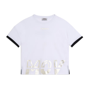 T-shirt con stampa MOV perlata e dettagli a contrasto
