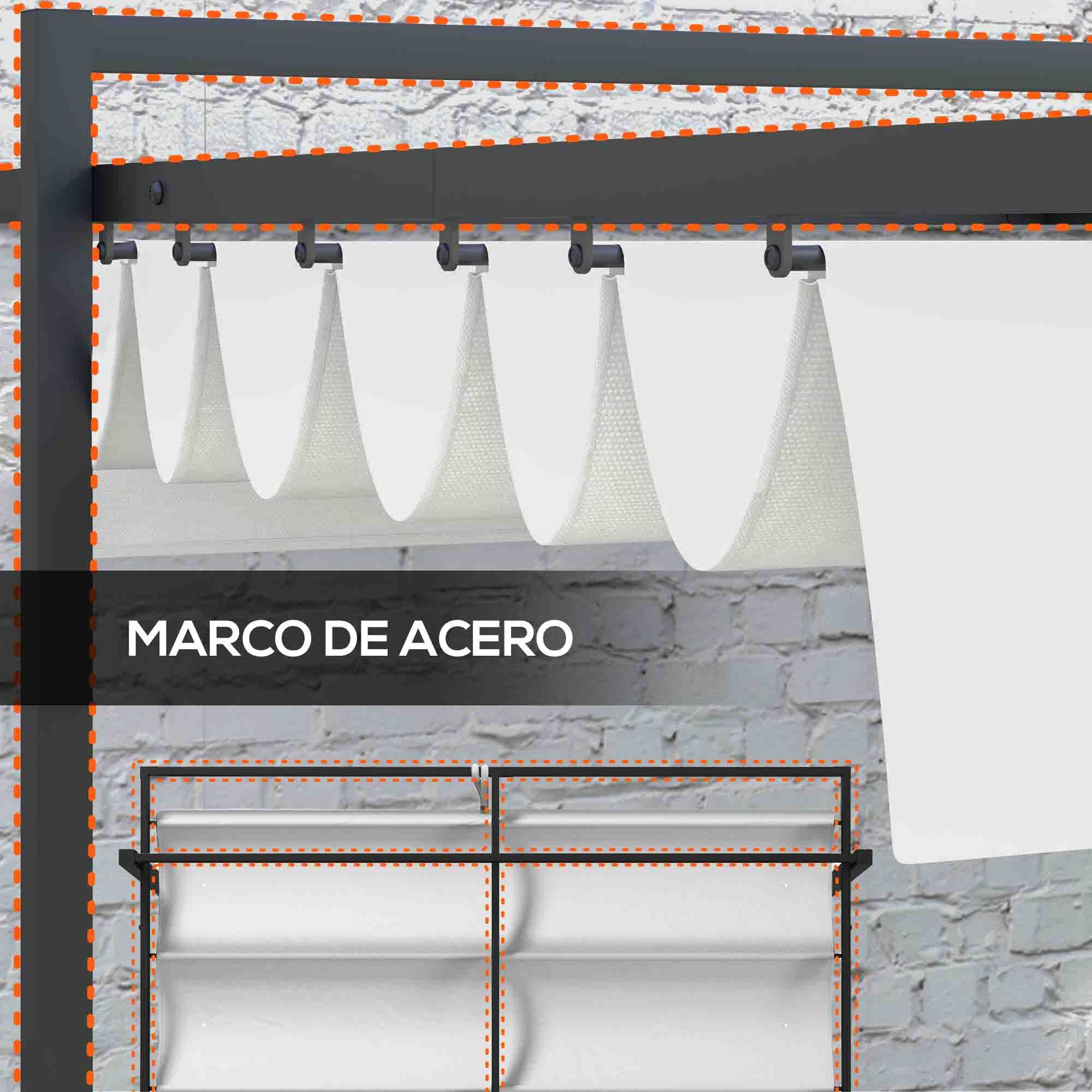 Pérgola 3x4 m Gazebo Cenador de Jardín con Techo Retráctil de Poliéster y 12 Orificios de Drenaje Pérgola para Patio Terraza Exterior Blanco y Gris Oscuro